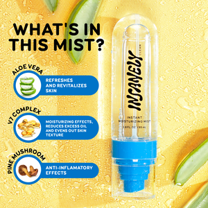 Insanely Clean's Instant Moisturizing Mist showcased alongside aloe vera, with text highlighting its key ingredients, like Aloe Vera, Pine Mushroom, and V7 Complex, and its benefits.