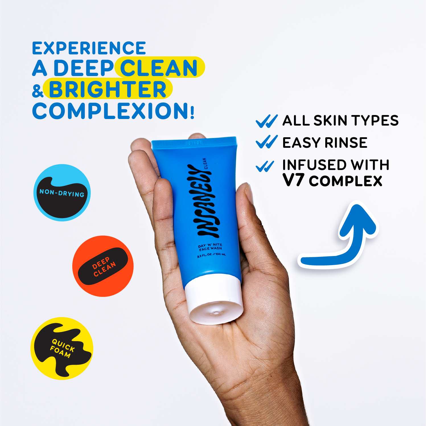 A hand holding Insanely Clean's Day 'N' Nite Face Wash with text highlighting its benefits.