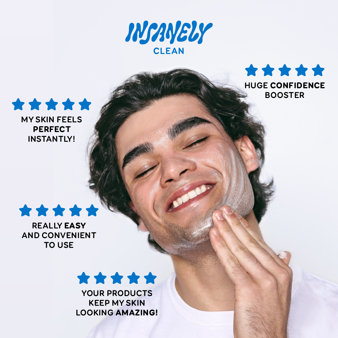 A man washing his face with Insanely Clean's Day 'n' Nite Face Wash with customer reviews written around him.