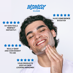 A man cleanses his face with Insanely Clean's Day 'n' Nite Face Wash, its creamy formula lathering as five-star customer reviews appear around him.