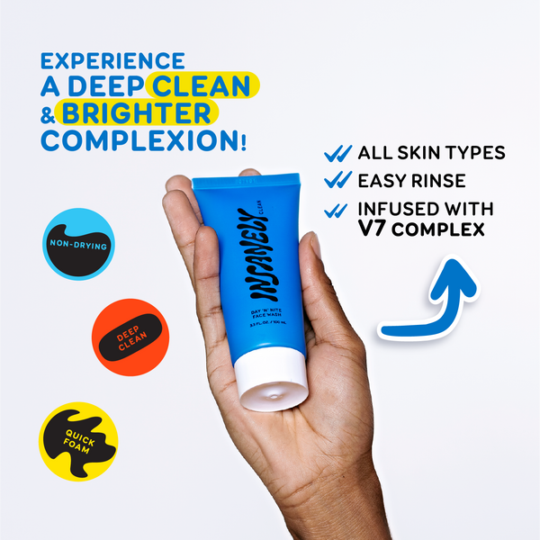 A hand holds Insanely Clean's Day 'N' Nite Face Wash, with text emphasizing its benefits, such as a deeper, brighter complexion.