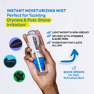A hand holds Insanely Clean's Instant Moisturizing Mist, with text highlighting its benefits, such as all-day hydration.