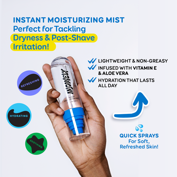 A hand holds Insanely Clean's Instant Moisturizing Mist, with text highlighting its benefits, such as all-day hydration.