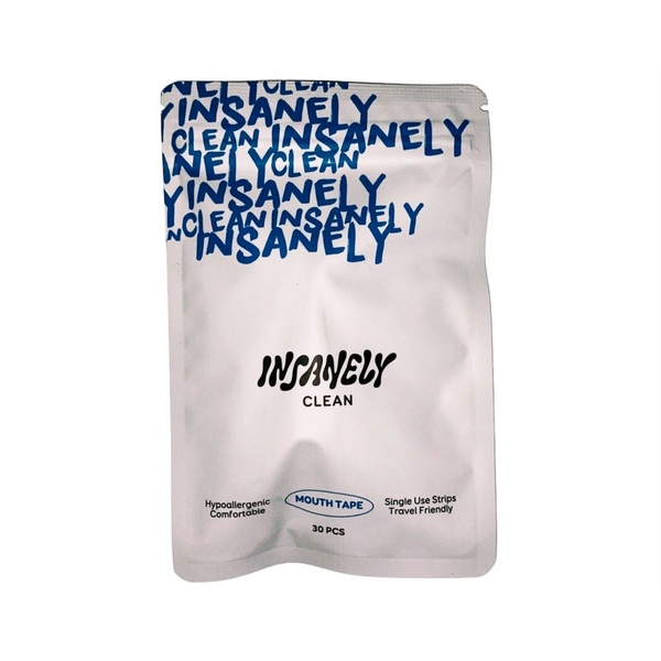 A close-up of the Insanely Clean Mouth Tape packaging, highlighting key features like single-use strips, travel-friendly design, hypoallergenic properties, and comfortable fit.